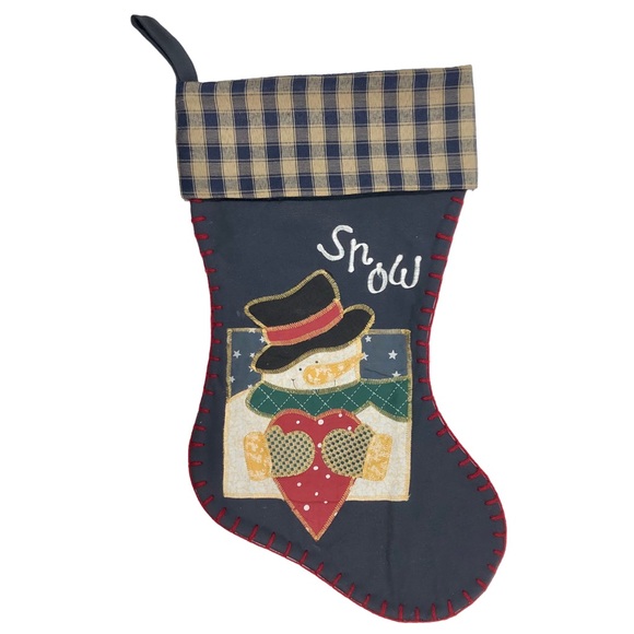 Christmas Stocking Snowman & Heart Dark Blue Gingham & Appliqué - Picture 2 of 9